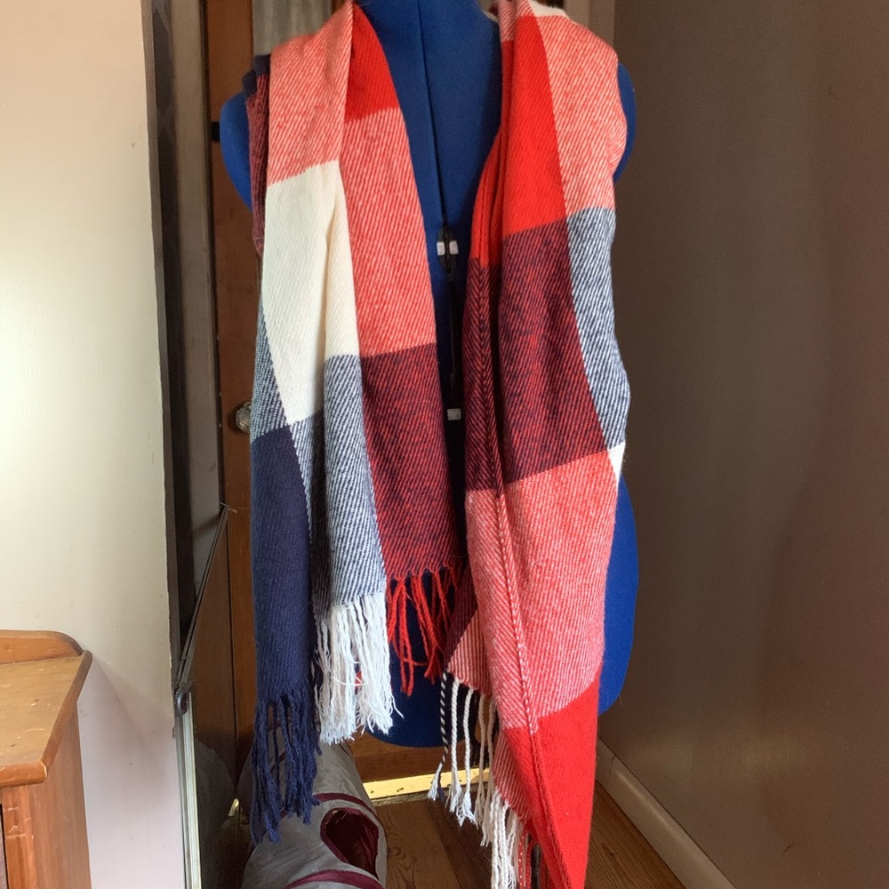 Red, blue, and white plaid blanket scarf